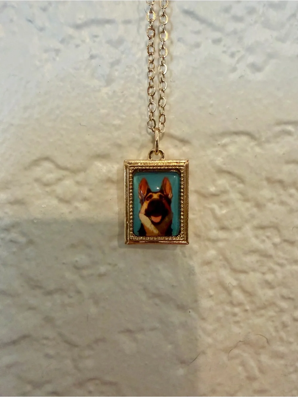 Gold Dog Portrait Pendant Necklace - Blue Background